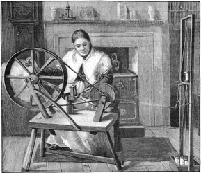 Trabajadora de seda de Spitalfields enrollando seda en su cabaña, Londres, Inglaterra