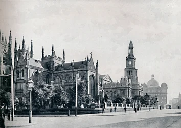 Catedral de St. Andrews, Ayuntamiento de Sídney y Edificios del Mercado, c. 1900
