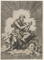San Juan, sentado y sosteniendo un instrumento de escritura hacia una tableta, un águila con alas extendidas..., después de 1518