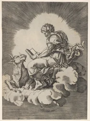 San Lucas, sentado en una nube con un libro abierto en ambas manos, un toro acostado a sus pies, después de 1518