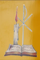 Vidriera. Vela de altar y biblia, Aneho, Togo