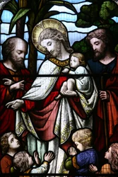 Vidriera que representa a Jesús dando la bienvenida a los niños, Billingshurst, Gran Bretaña