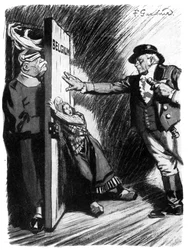 ¡Atrás!, John Bull ayuda a la pequeña Bélgica a detener al invasor alemán, Primera Guerra Mundial