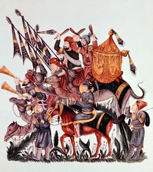 Abanderados, tamborileros y trompetistas de un ejército sarraceno, siglo XIII