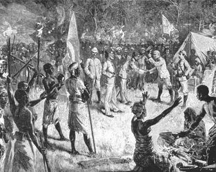 Encuentro de Stanley con Emin Pasha, 29 de abril de 1888, en Kavalli, 1901
