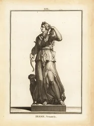 Estatua de Diana Venatrix, diosa romana de la caza, con arco, flecha y carcaj
