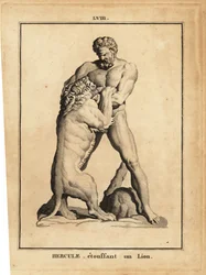 Estatua de Hércules, héroe y dios romano, sofocando a un león