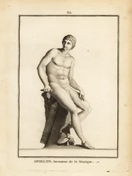 Estatua del dios romano Apolo, inventor de la música, sentado desnudo
