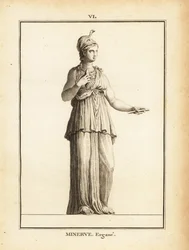 Estatua de la diosa romana de la sabiduría Minerva Ergane (Minerva Trabajadora), con casco y serpiente