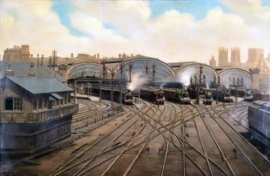 Locomotoras de vapor en la estación de York, Yorkshire, c 1910