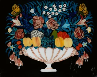 Naturaleza muerta - Flores y frutas en un cuenco blanco y rosa