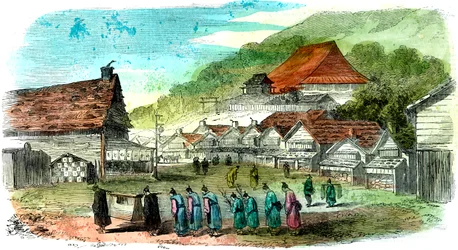 Calle en Hakodate y procesión fúnebre, Japón, 1856