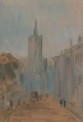 Calle con iglesia y figuras, 1822 a 1825