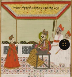 Surat Singh se sienta en un trono con brazos de león y recibe a su hijo joven, c1800