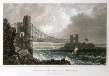 Puente colgante sobre el estuario de Conwy, Gales, c1840