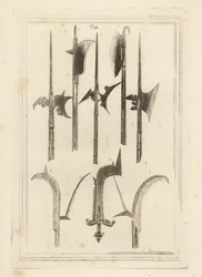 Hoja de espada alabarda 1,3,5, alabarda marrón 2, hacha de Lochaber 4, alabarda antigua 6, alabarda de mano con pequeñas campanas 7, y alabarda encontrada en Battefield, Shrewsbury 8