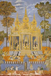 Pagoda de Plata. Este mural representa escenas del Reamker, que es la versión camboyana o jemer del poema clásico hindú Ramayana, Phnom Penh, Camboya