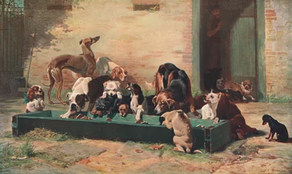 Mesa de huéspedes en un hogar para perros, 1880, c1902