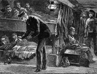 Tomando el pulso de un emigrante irlandés enfermo a bordo del barco, 1840s c1890