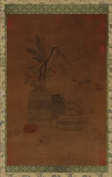 Tapiz: un cuenco, dos jarras, flores y frutas, posiblemente dinastía Ming, 1368-1644