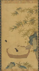 Tapiz: palomas bañándose en un cuenco, rocas y bambúes, posiblemente dinastía Ming, 1368-1644