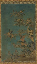 Tapiz: árboles frutales y malvarrosas