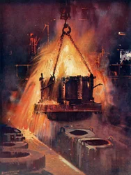 Tocando un horno de acero, c. 1930