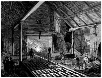 Tocando un alto horno y vertiendo hierro fundido en los moldes, c. 1885