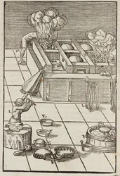 Técnica e instrumentos para calentar el mineral de plata - Grabado extraído de Descripción de los minerales y los principales métodos de explotación minera, de Lazarus Ecker
