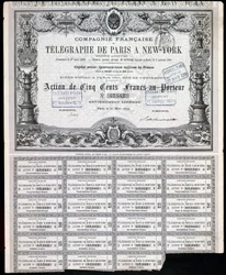 Certificado de acciones del Telégrafo General París-Nueva York, 27 de marzo de 1879