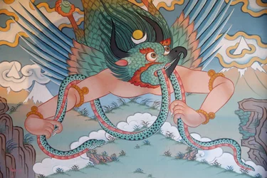 Templo de los Mil Budas Dashang Kagyu Ling congregación, pintura de Garuda, La Boulaye, Francia