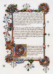 Página de texto con letra inicial iluminada, principios del siglo XV