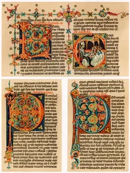 Página de texto con letras iniciales iluminadas, siglo XIV