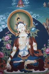 Thangka que representa a la diosa Tara Blanca, símbolo budista de la larga vida, Bhaktapur, Nepal