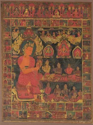 Thangka con Buda enjoyado predicando, 1648
