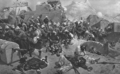 La Guerra Afgana, 1878-80: 91º Highlanders y los 2º Gurkas asaltando Gandia Mullah, 1901