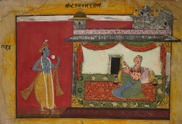 La Llegada de Krishna. Página de un Rasamanjari, c. 1660-1670