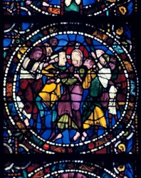 El prendimiento de Cristo, beso de Judas, vidriera, catedral de Chartres, 1194-1260