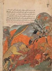 El ataque al camello por el león, el cuervo, el lobo y el chacal, Folio de un Kalila, siglo XVIII