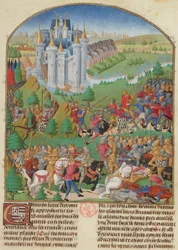 La batalla de Auray el 29 de septiembre de 1364 Miniatura de Compillation..., c. 1480
