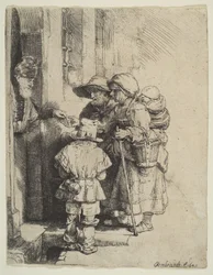 El ciego tocador de zanfoña y su familia recibiendo limosnas