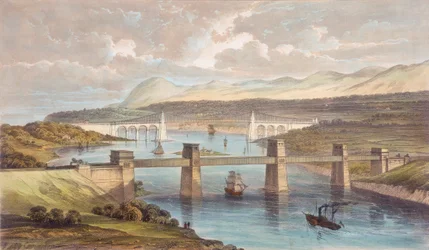 El Puente Tubular Britannia, Estrecho de Menai, Gales, c. 1850