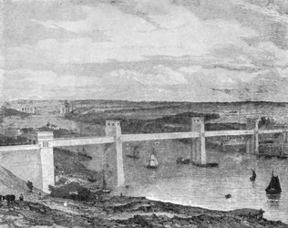 El puente tubular Britannia sobre el estrecho de Menai, 1850..., 1901