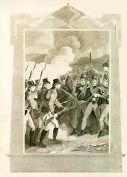 Los británicos atacando las líneas francesas con bayonetas en la batalla de Maida, 1806, 1816