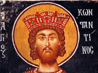 El fresco bizantino del siglo XV (detalle): El Emperador Constantino Pintura mural Iglesia del Arcángel Miguel en Pedoulas, Chipre Iglesias pintadas sitio UNESCO Troodos, Chipre