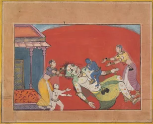 La muerte de la demonio Putana: Folio de una serie Bhagavata Purana, ca. 1610