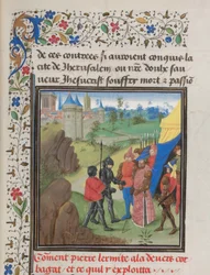 La embajada de Pedro el Ermitaño y Herluin a Kerbogha. Miniatura de la Historia de Guillermo de Tiro, 1460s