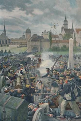El ejército francés dejando Leipzig, 1813, 1896