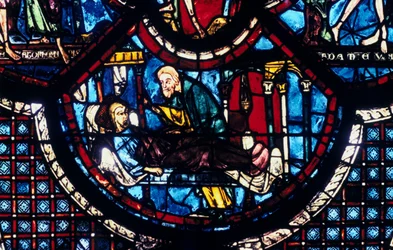 El Buen Samaritano cuida al peregrino, vidriera, Catedral de Chartres, Francia, 1205-1215