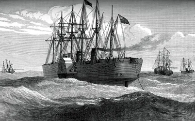 El Great Eastern desplegando el cable telegráfico atlántico, c. 1865, c. 1880
